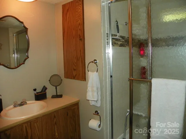 a bathroom with a sink vanity mirror and shower