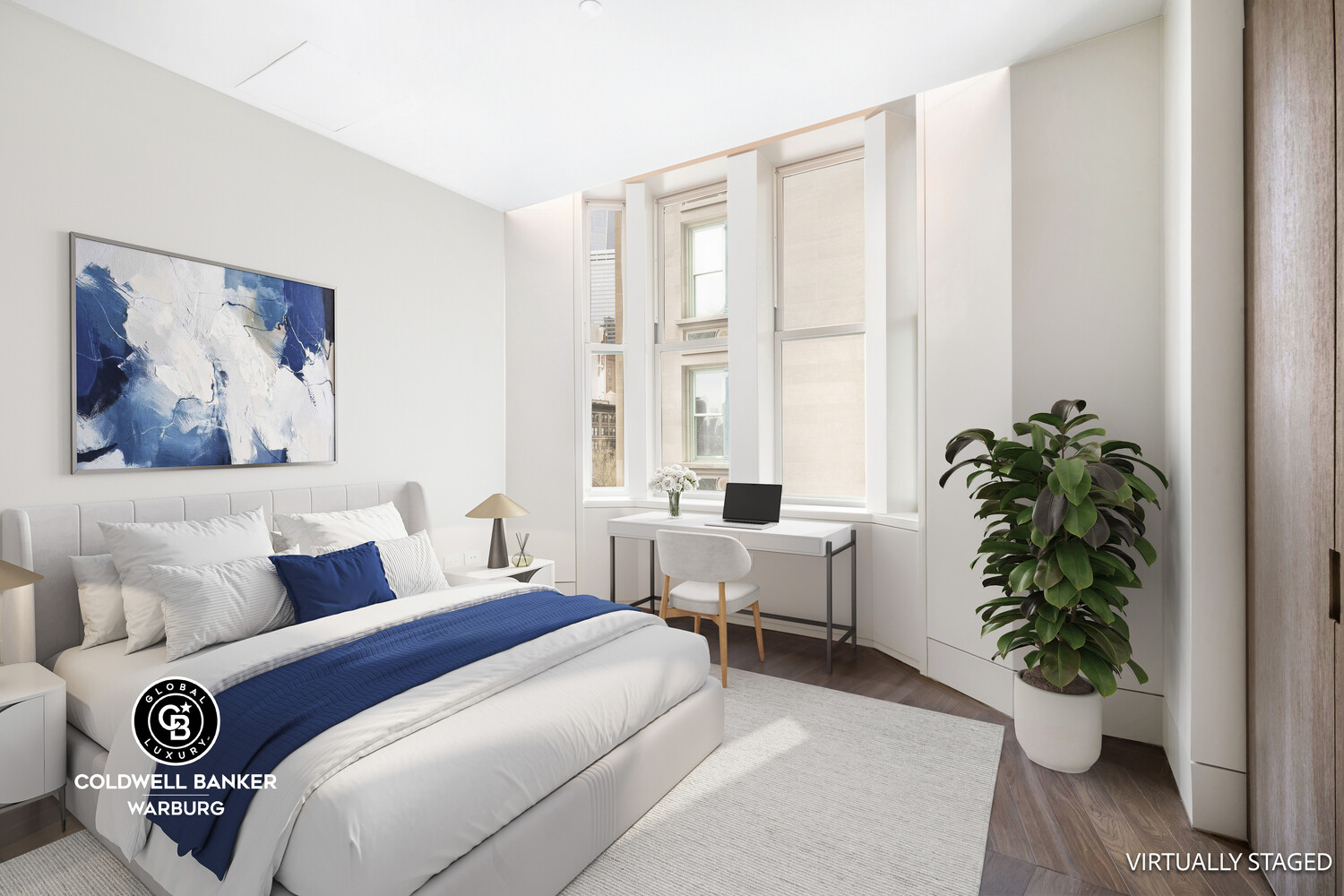 49 Chambers Street, Unit 8A Manhattan, NY 10007 - Photo 4 of 7 a spacious bedroom with a bed and a potted plant
