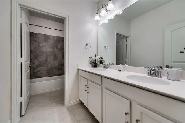 a bathroom with a double vanity sink a shower and a mirror