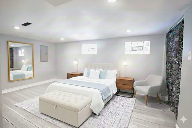 a bedroom with a bed and a couch