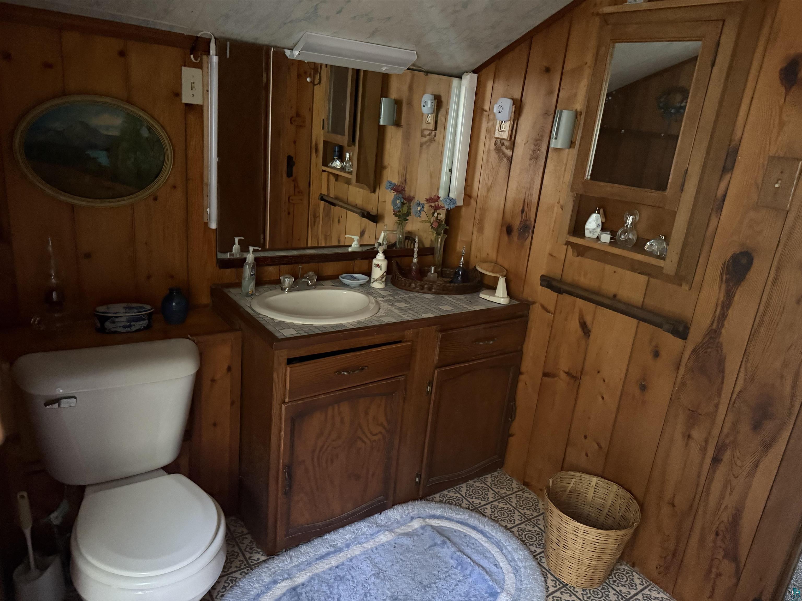 69175 East Long Lake Road Iron River, WI 54847 - Photo 18 of 47 Bathroom with wooden walls, vanity, and toilet