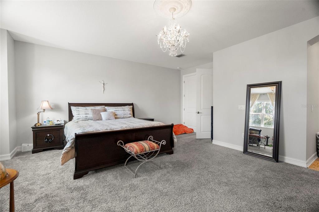 1342 Ribolla Drive Palm Harbor, FL 34683 - Photo 18 of 37 a bed room with a bed and a chandelier