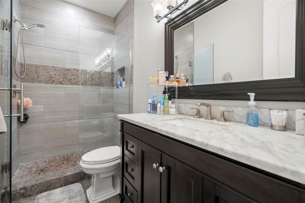 1342 Ribolla Drive Palm Harbor, FL 34683 - Photo 27 of 37 a bathroom with a granite countertop sink a toilet a mirror and shower