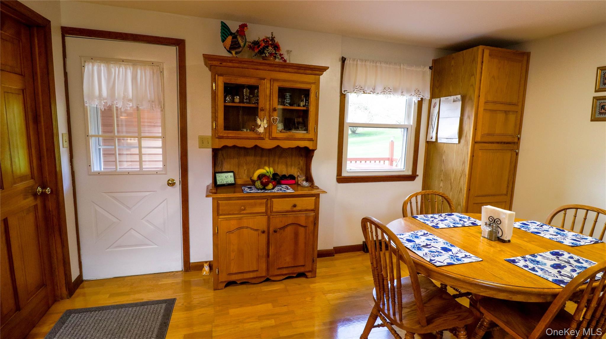 11 Hood Road Roscoe, NY 12776 - Photo 12 of 31 Bright interior featuring wood-finish flooring, a white paneled door with a grid window, and a built-in wood-tone storage cabinet