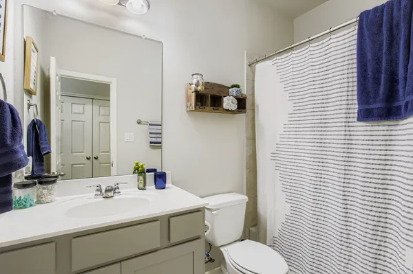 a bathroom with a sink a toilet and mirror