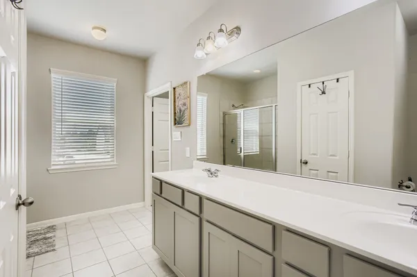 a bathroom with a sink a mirror and a shower