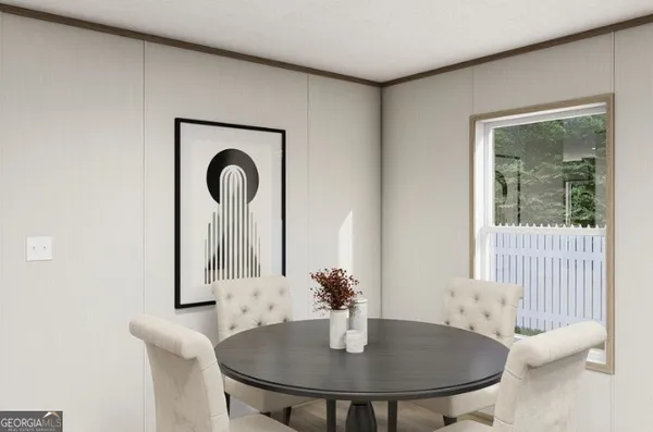 a dining room with furniture and window