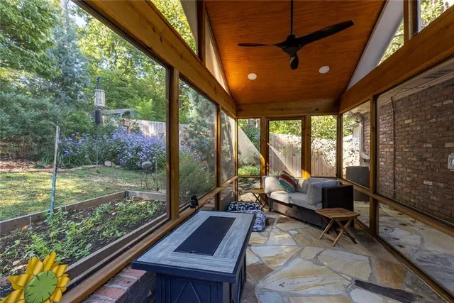 a building outdoor space with seating