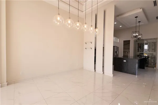 a view of a chandelier in a room