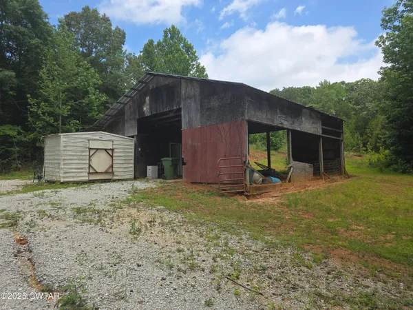 a view of dirt yard with large trees