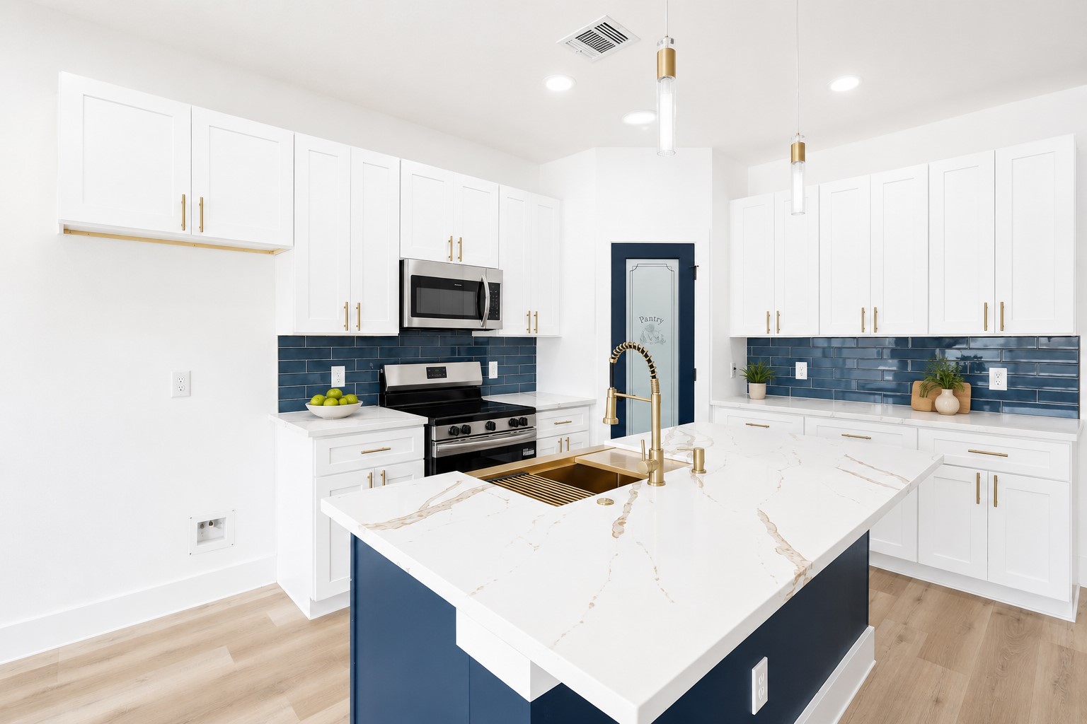 4606 Mallow Street, Unit A Houston, TX 77051 - Photo 6 of 21 a kitchen with kitchen island a stove a sink a refrigerator a center island and cabinets