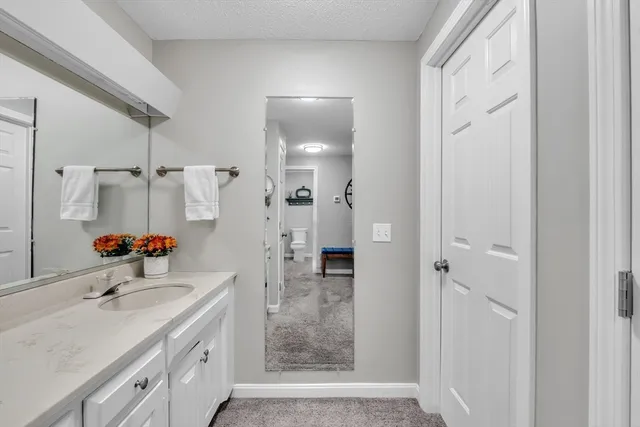 a bathroom with a shower sink and mirror