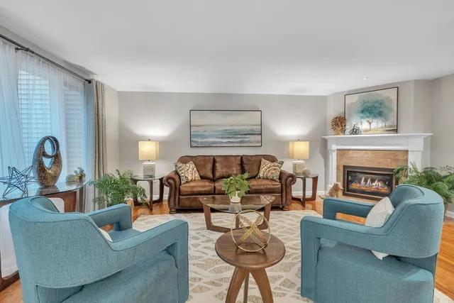 a living room with furniture and a fireplace