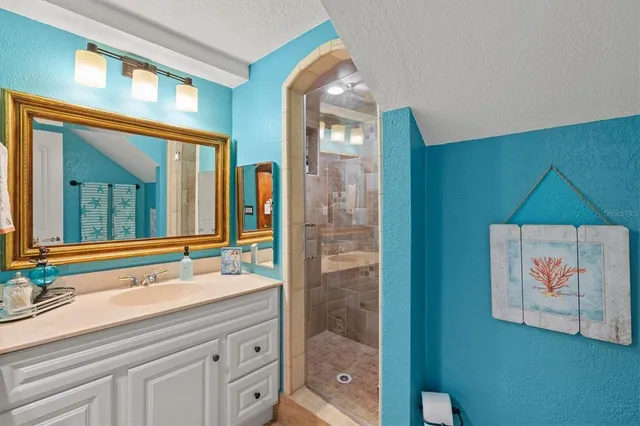 a bathroom with a sink a mirror and a shower