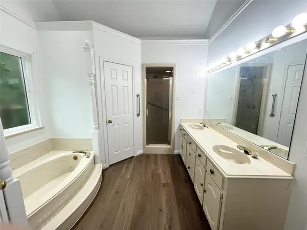 a bathroom with a granite countertop tub sink and mirror