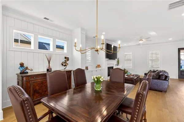 a view of a dining room with furniture