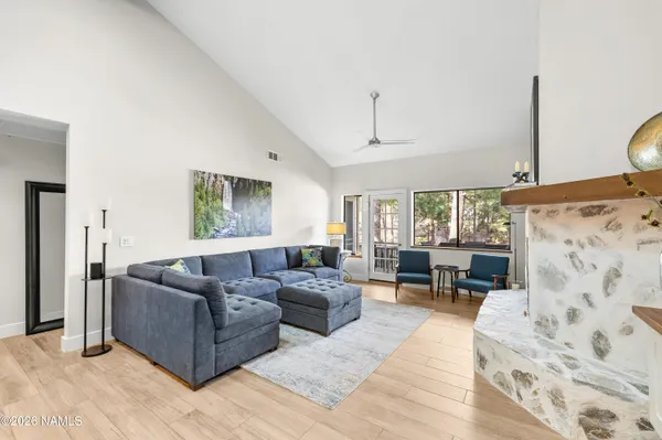 a living room with furniture and a fireplace