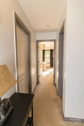 a view of a hallway with wooden floor and a cabinet