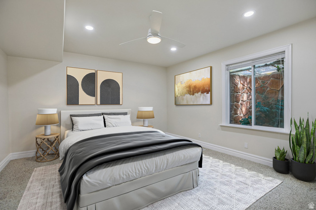 220 East Ridge Road Orem, UT 84057 - Photo 35 of 52 Recessed lighting, ceiling fan, window with stone exterior, and light-colored carpeting