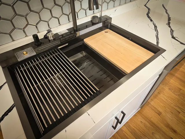 a close up of a double sink