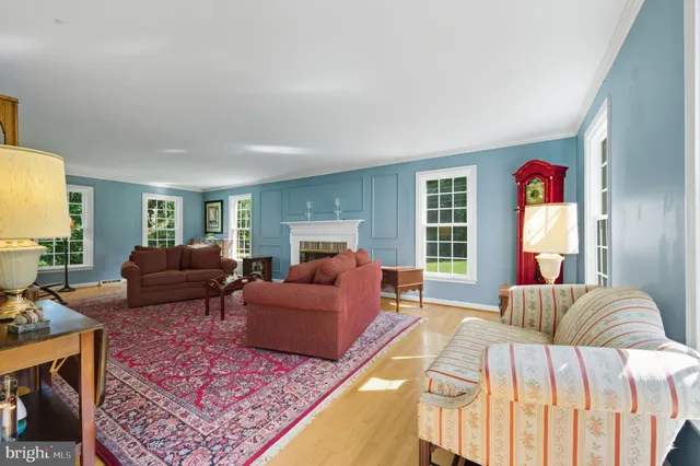 a living room with furniture a fireplace and wooden floor