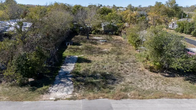 a view of a yard with large trees