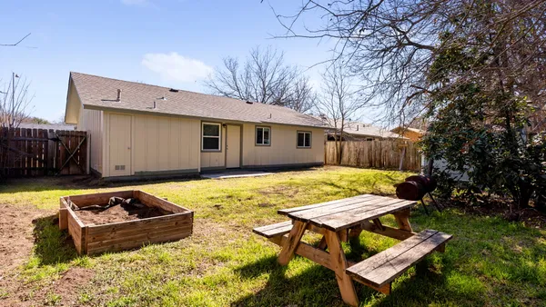 a view of a backyard with large tree