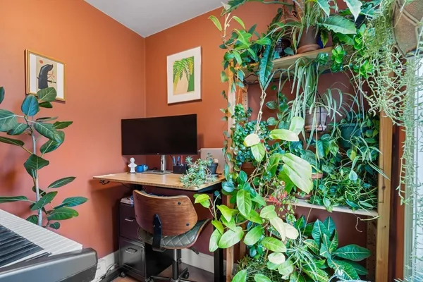 a backyard with table and a potted plant