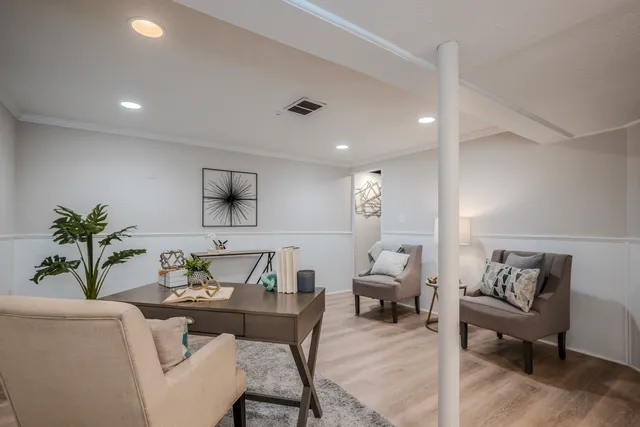 a living room with furniture and a potted plant