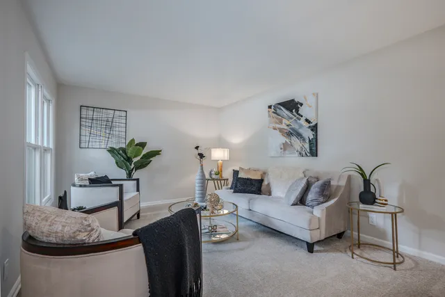 a living room with furniture and a potted plant