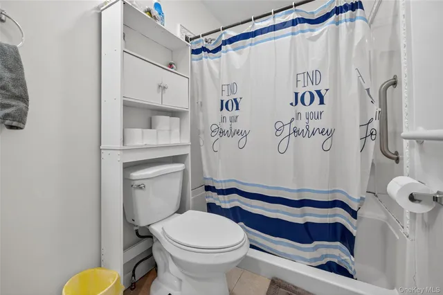 a bathroom with a toilet and a shower curtain