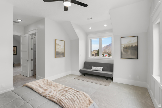 1354 South 800 East Mapleton, UT 84664 - Photo 66 of 129 Bedroom with light carpet, recessed lighting, a ceiling fan, and a mountain view