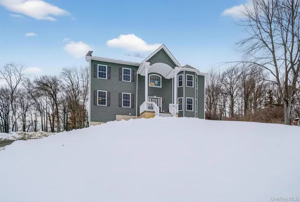a front view of a house with a yard covered in snow