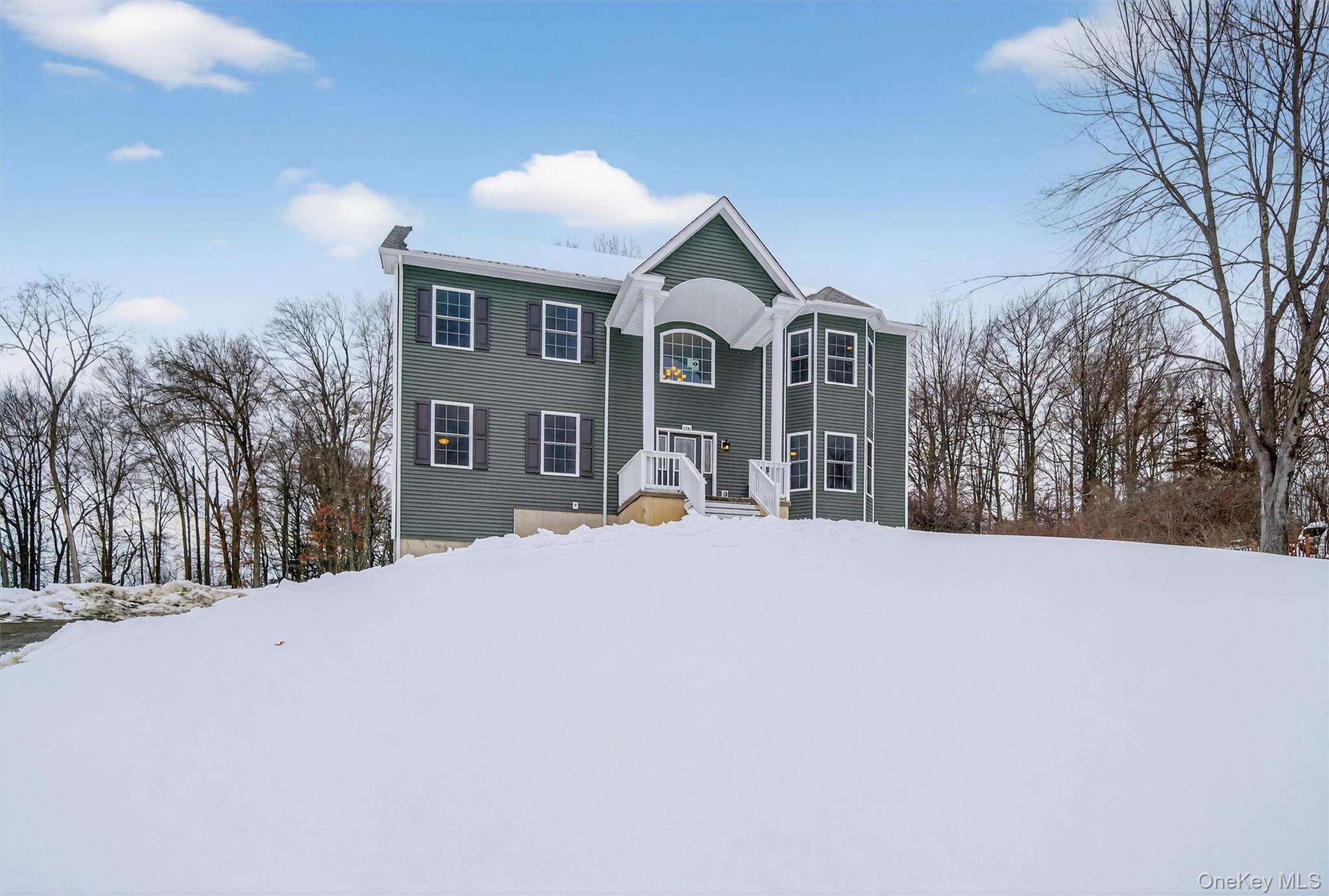 a front view of a house with a yard covered in snow