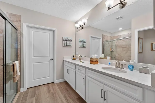 a bathroom with a double vanity sink mirror and shower