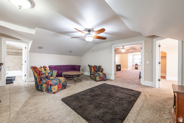694 West Cephus Road Draper, UT 84020 - Photo 115 of 148 Carpeted room with a ceiling fan, recessed lighting, and sloped ceiling details