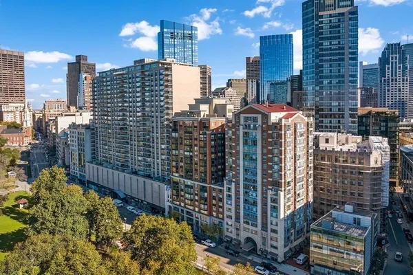 a city view with tall buildings