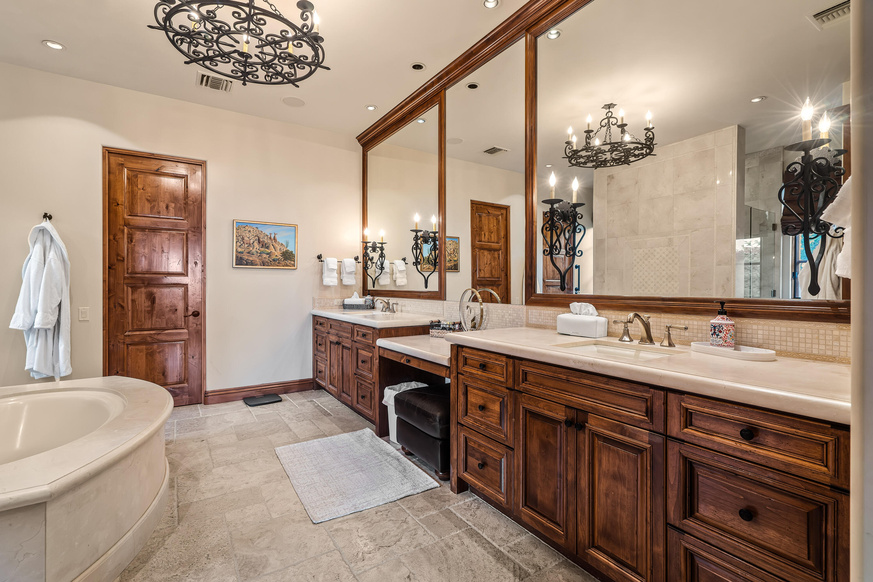 31 Hillcrest Drive Rancho Mirage, CA 92270 - Photo 48 of 82 a spacious bathroom with a double vanity sink a mirror a bathtub and a shower
