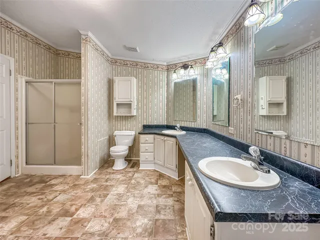 a bathroom with a granite countertop sink toilet and shower