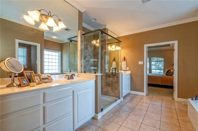 a bathroom with a sink a large mirror and a shower
