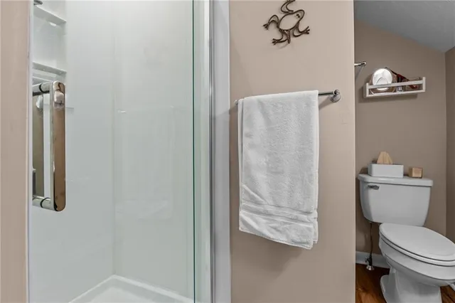 a bathroom with a toilet and a shower