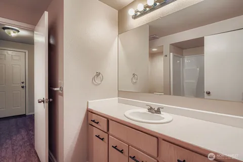a bathroom with a sink and a large mirror