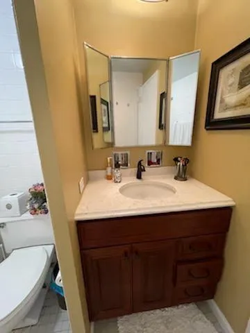 a bathroom with a sink vanity mirror and toilet