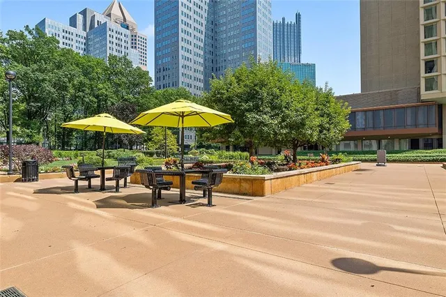 a view of street with sitting area