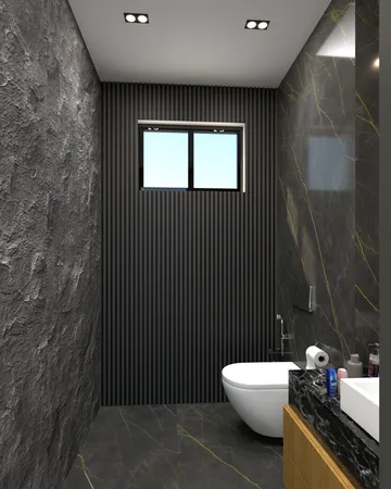 a bathroom with a shower and a tiled wall