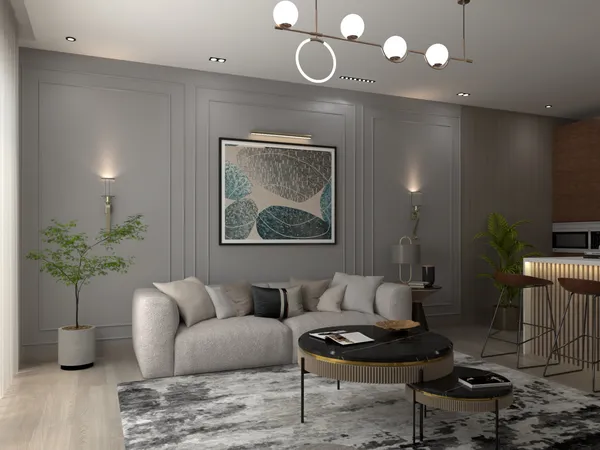 a living room with a bed furniture and a potted plant