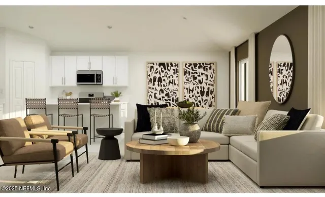 a living room with furniture a flat screen tv and a large window