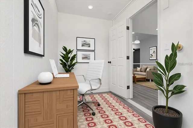 a view of living room filled with furniture and potted plant