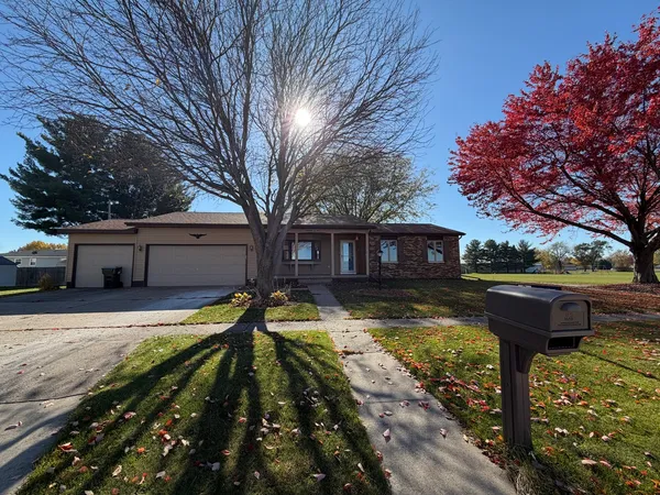 a front view of a house with a yard large tree and a wooden bench