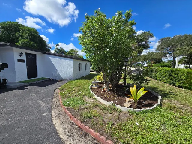 a view of a backyard with plants and a fountain